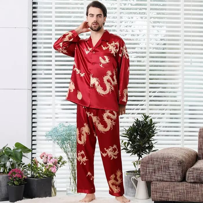 Ensemble de pyjama à manches longues pour hommes, vêtements de nuit deux pièces, rayonne, motif dragon, style chinois, maison, couples