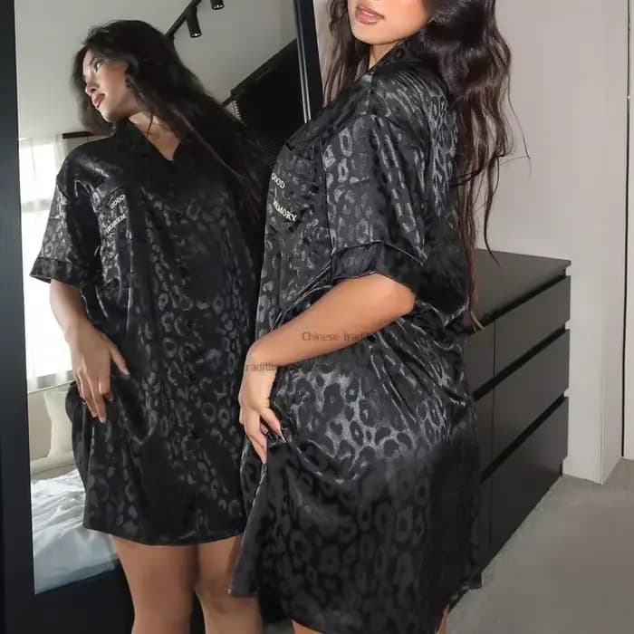 Femmes Satin léopard Jacquard vêtements de nuit Sexy chemise-Style chemise