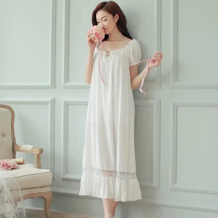 Femmes longue blanc rose chemise de nuit à manches courtes salon chemise de nuit élégant Vintage vêt
