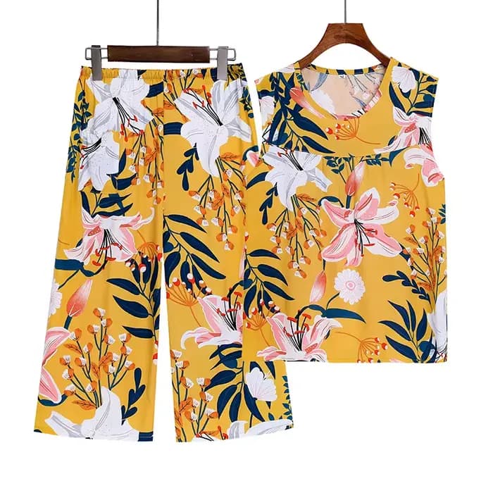 4XL Pyjama Pour Femme Nouveau Imprimé D'âge Moyen Mère Deux Pièces Ensemble FiglaCapri Pantalon Trempé Vêtements De