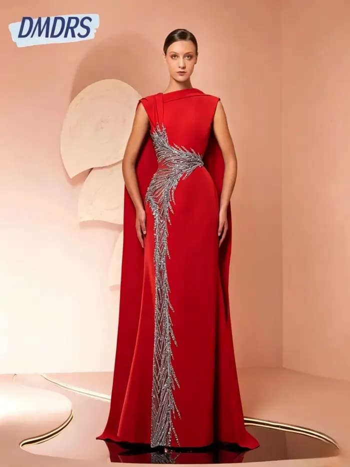 Robe de soirée en crêpe bleue avec broderie et longue écharpe découpée charmante droite perlée pailletée mère du cocktail personnalisée
