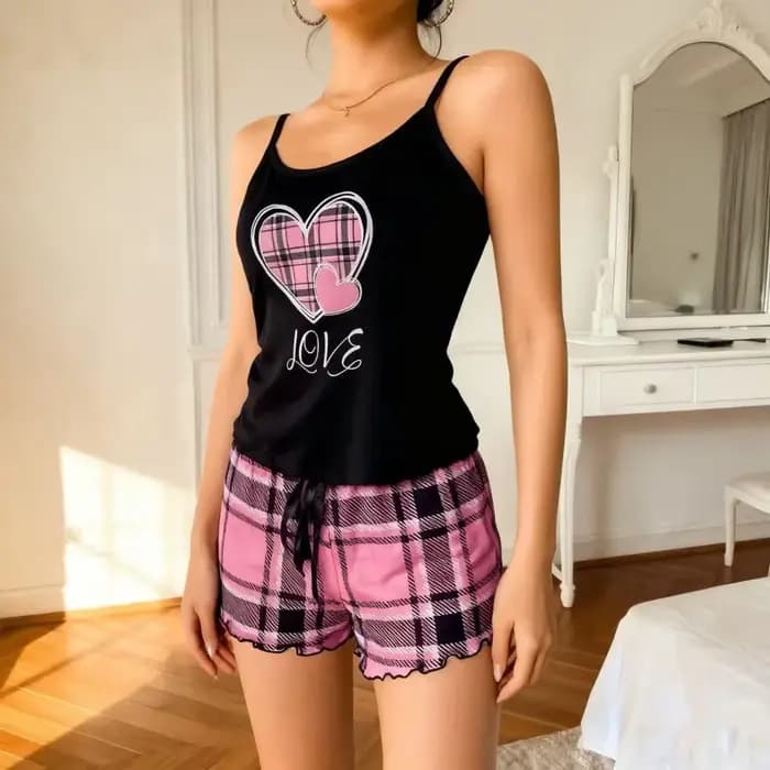 Ensemble de pyjama femme tendance motif cœur avec nœud