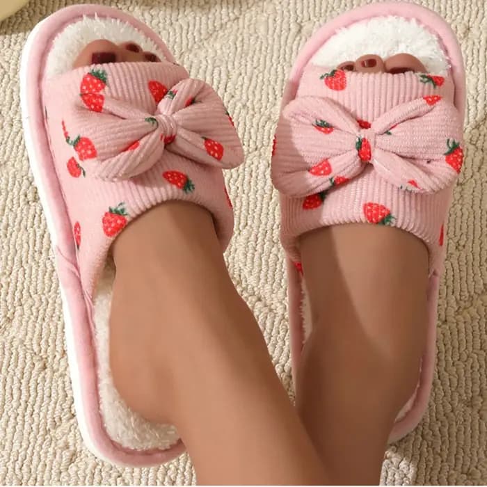 Mignon fraise nœud papillon maison pantoufles pour femmes léger plat en peluche chaussures chaudes femme hiver confort