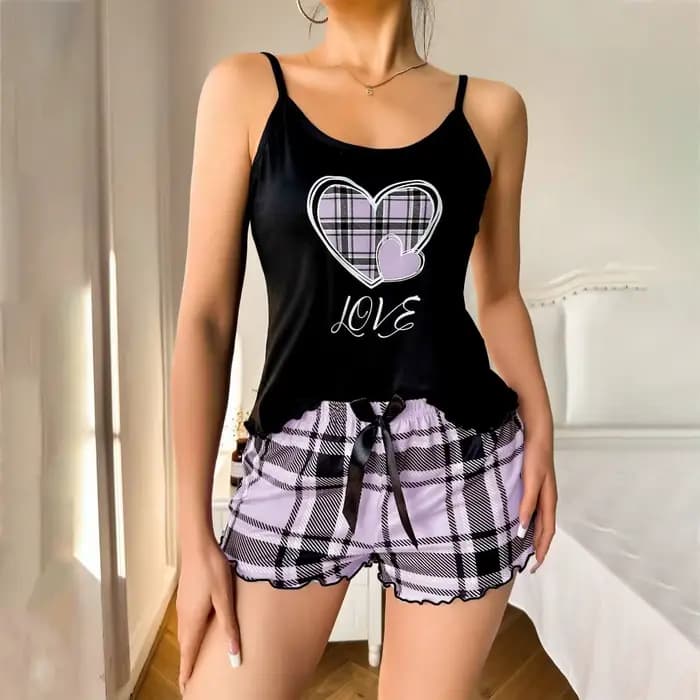 Ensemble de pyjama femme tendance motif cœur avec nœud, deux pièces, confortable, pour la maison, ca