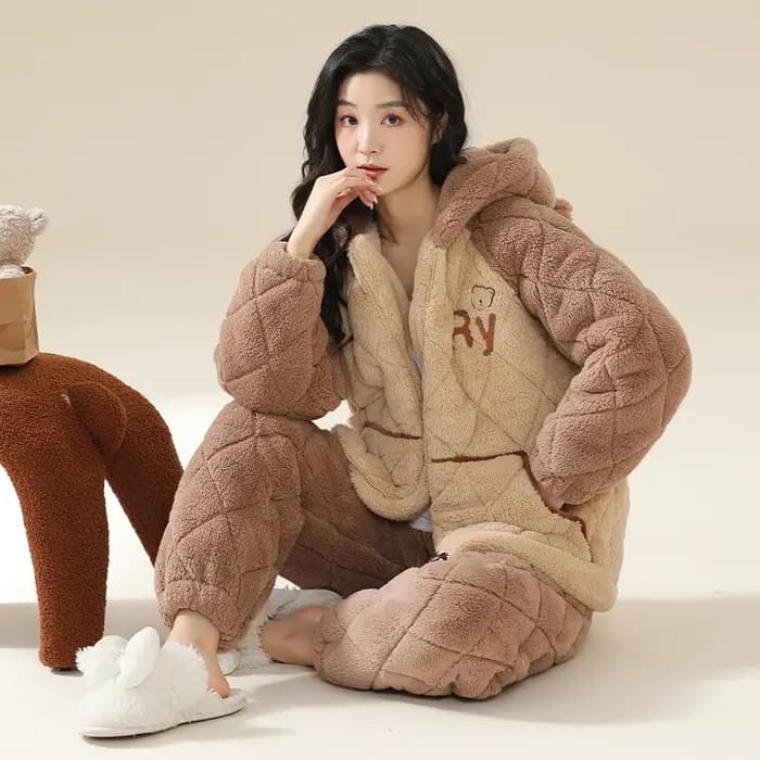 Hiver femmes pyjamas à capuche ensemble 3 couches pince coton Pijama femme épais chaud vêtements de nuit