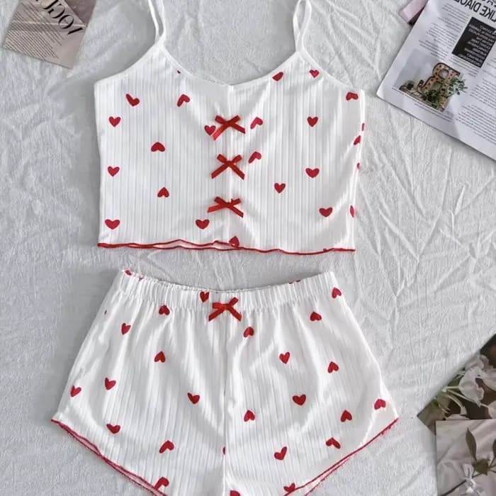 Ensemble de pyjama pour femme en tissu côtelé doux à imprimé cœurs, avec bordure à volants coquins,