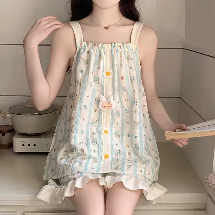 Ensemble de pyjama pour femmes Kawaii, imprimé fleuri et rayé, vêtements de nuit, camisole et short,