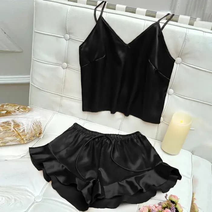Ensemble pyjama en Satin uni, col en V, haut caraco, short à volants, vêtements de nuit pour femmes, vêtements de détente