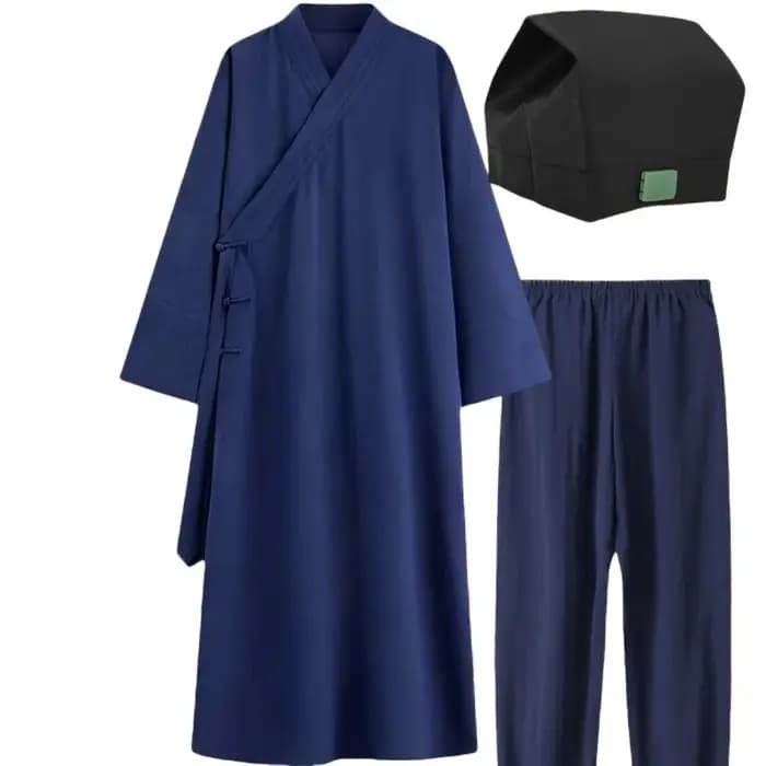 Ensemble de Robe Taoïste Traditionnelle Chinoise : Tunique Longue à Col Croisé avec Pantalon et Chapeau