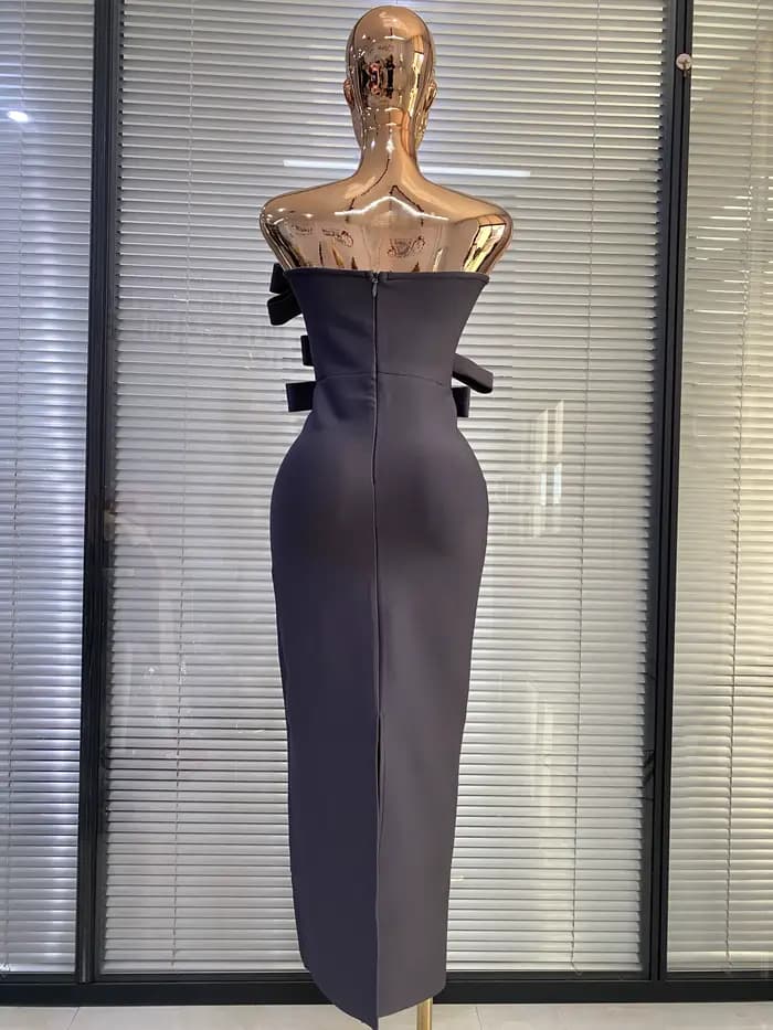 Robes Bandage 2026 Femme Gris Bustier Nœud Papillon Moulante Longue Robe de Soirée Célébrité Club Cocktail Bal de Promo