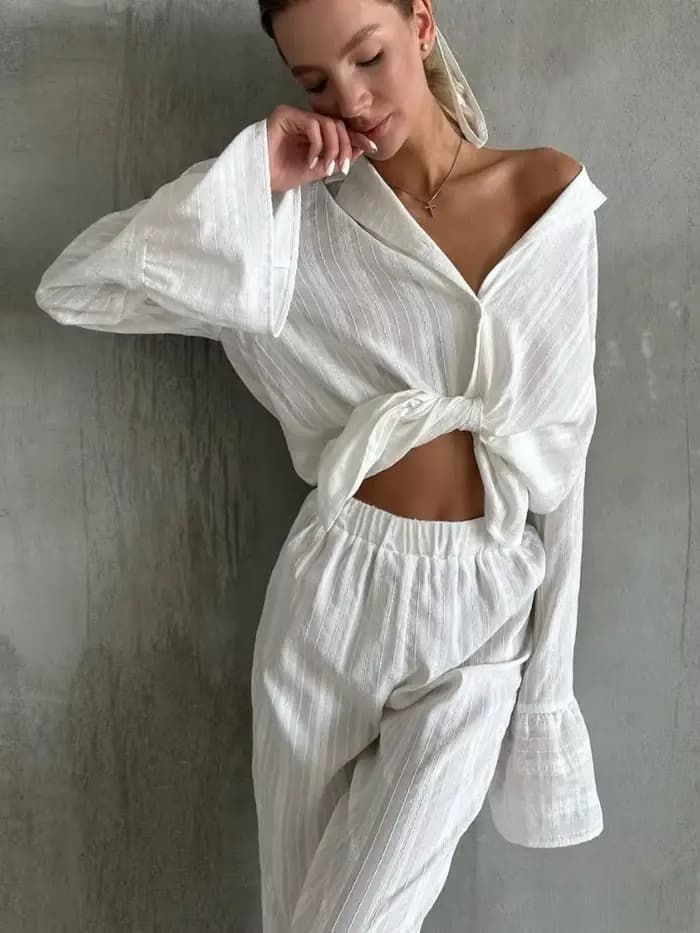 Ensemble de pyjama blanc pour femme 100 % coton