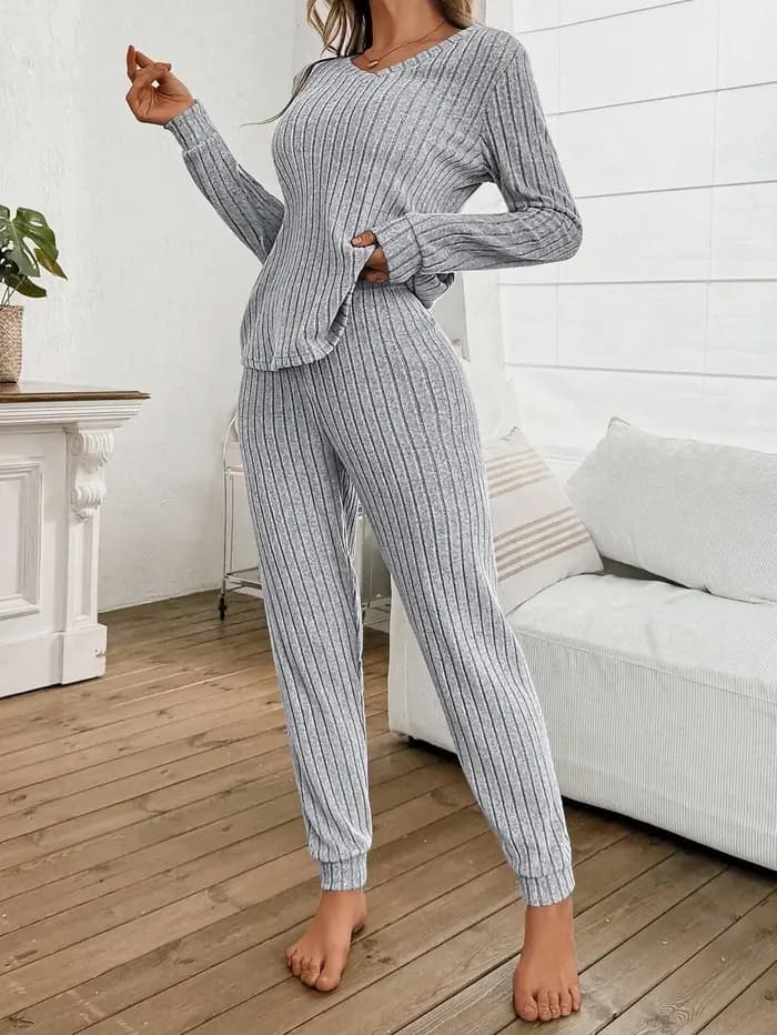 Ensemble pyjama côtelé 2 pièces pour femme - Haut à manches longues et col en V et pantalon de jogging