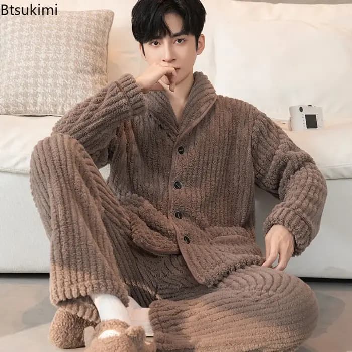 Nouveaux ensembles de pyjama en flanelle pour hommes automne et hiver épaissir chaud ample décontracté Homewear corail velours hauts + pantalons mâle costume de nuit
