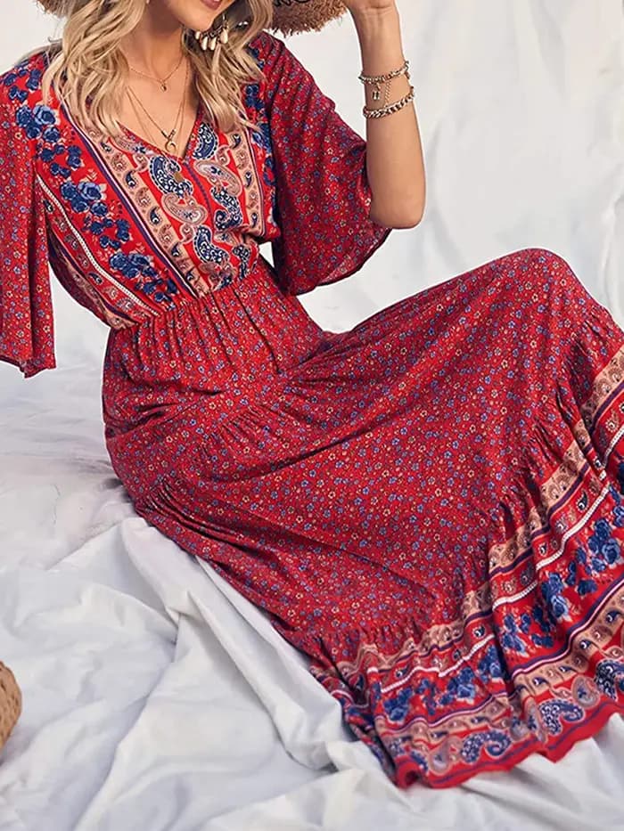 Robe longue décontractée à manches courtes et col en V pour femmes
