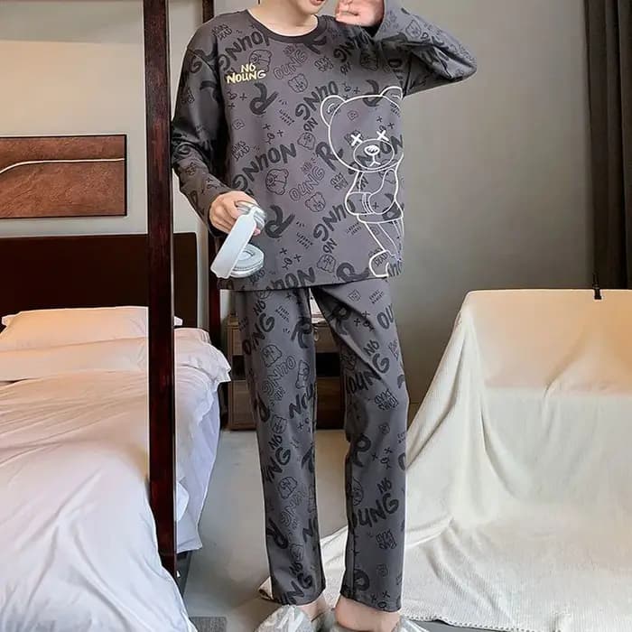 Ensemble deux pièces automne hiver femmes pyjamas hommes à manches longues dessin animé lettres ours pull vêtements de nuit dames grande taille Homewear