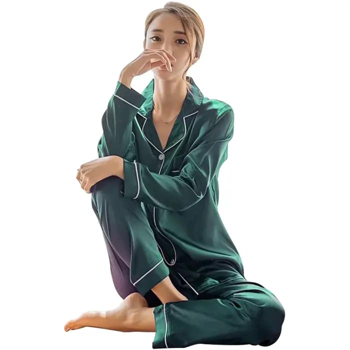 Femmes soie Satin Pyjamas ensemble à manches longues vêtements de nuit Pijama