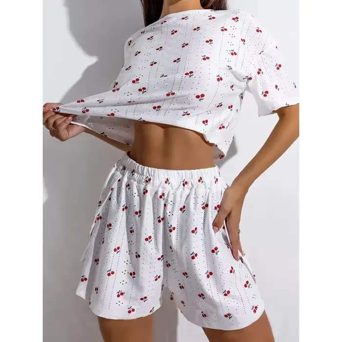 Ensemble de pyjama pour femme, pyjama ajouré respirant imprimé, short sexy fendu, haut à col rond, tenue d'intérieur confortable