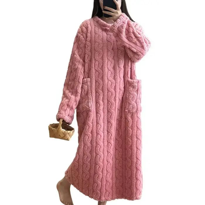 Hiver femmes flanelle chemises de nuit à manches longues Double poche ample solide vêtements