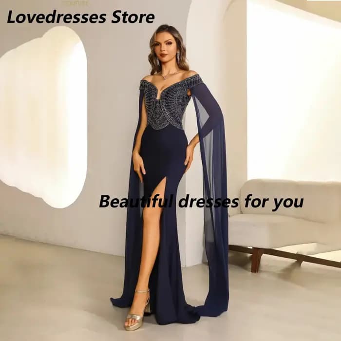 Robes de soirée personnalisées bleu marine en mousseline de soie à sequins