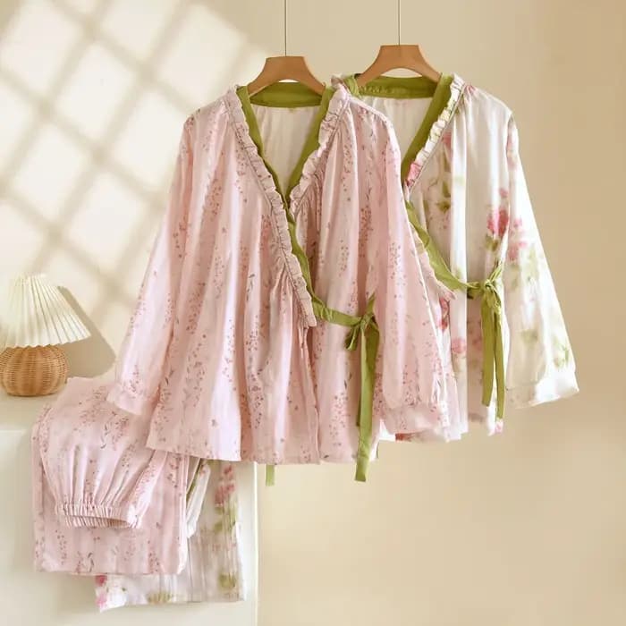 Pyjama chinois style kimono pour femme, collection printemps-automne 2025 – Nouveau cardigan ample à manches longues en pur coton pour la maison