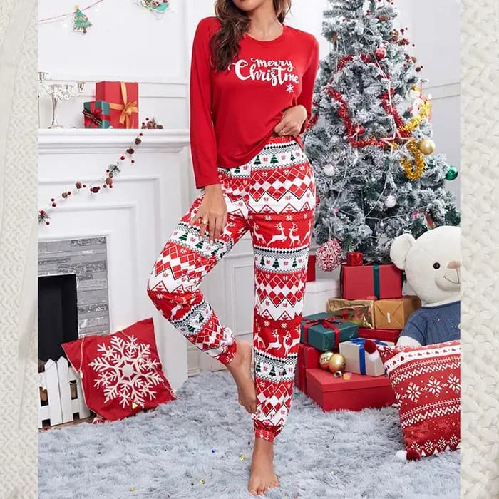 Pyjama imprimé de Noël à manches longues pour femmes
