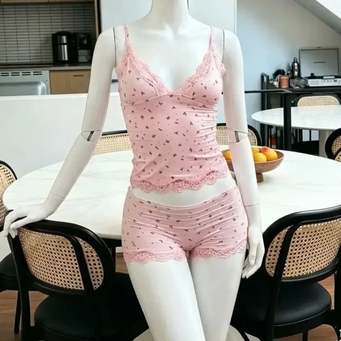 Ensemble de pyjama sexy deux pièces en dentelle florale rose pour femme