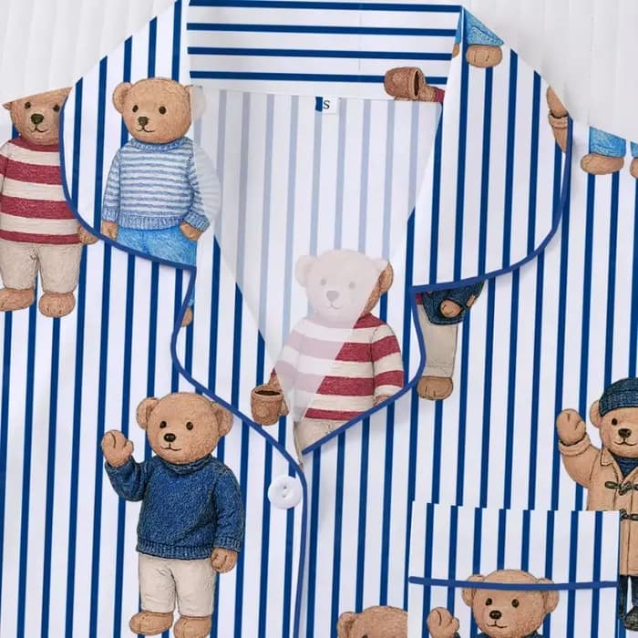 Pyjama femme avec ours à pois rayures imprimé bleu revers manches courtes pantalon court