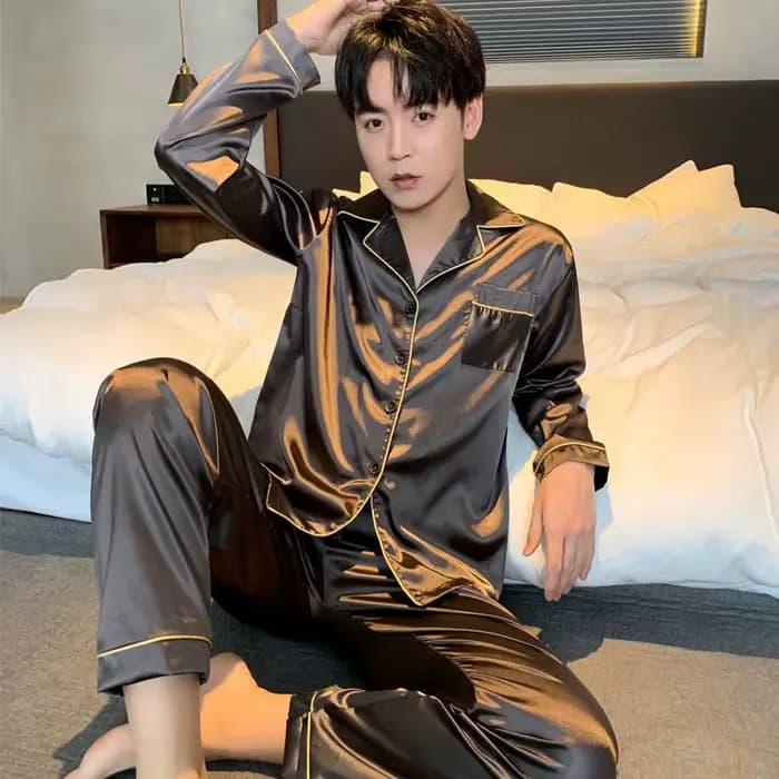 Hommes pyjamas ensemble hiver vêtements de nuit pour homme chemise à manches longues Pijama mâle soie Satin dormir