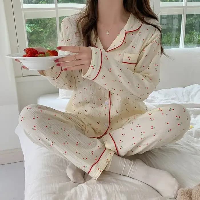 Mignon à volants cerise pyjamas femmes revers ample deux pièces vêtements de nuit chemise