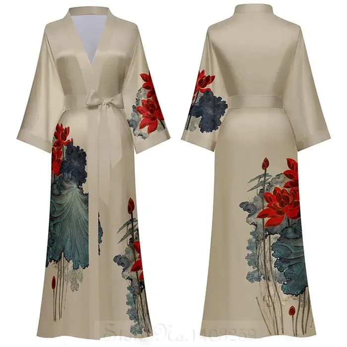 Style chinois imprimé femmes longue Robe chemise de nuit rétro Satin vêtements