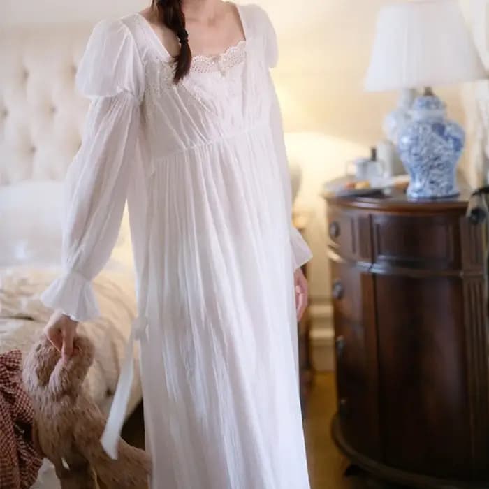 Princesse dentelle blanche longue mi-mollet chemises de nuit printemps manches longues français col carré chemise