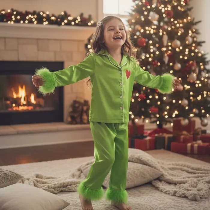 Hirigin femmes pyjamas de noël vert Satin soie plume garniture boutonné chemises Jammies noël Grinch