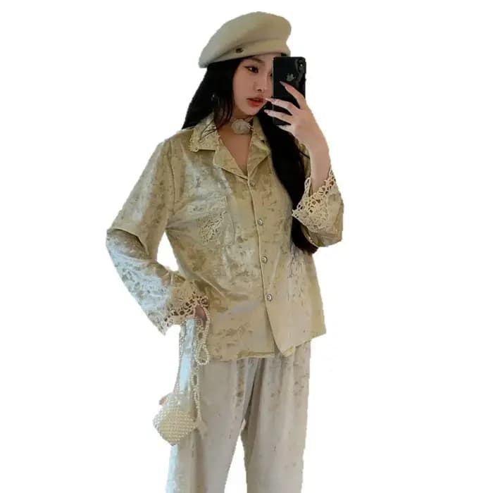 Pyjama en velours pour femme, classique, de luxe, épais, chaud, manches longues, pantalon, ensemble 2 pièces, vêtements de maison, chemise de nuit, automne hiver 2025