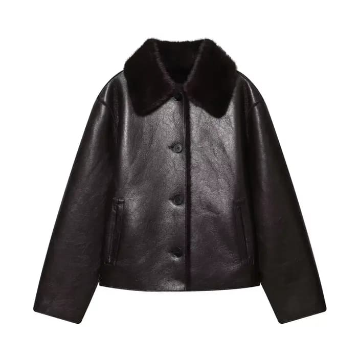 Veste femme 2025 automne/hiver nouveautés marron foncé à manches longues en simili cuir veste révers