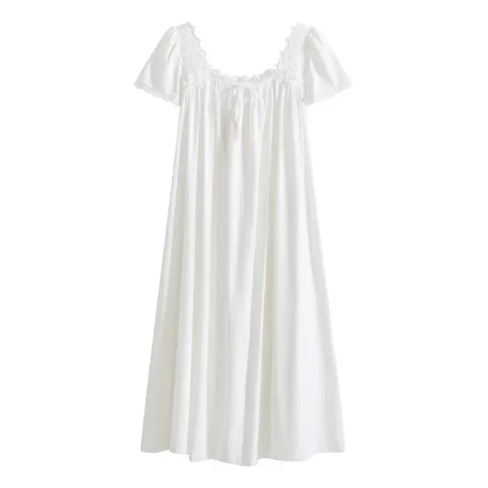 Femmes été manches courtes vêtements de nuit en coton dentelle française col carré chemise