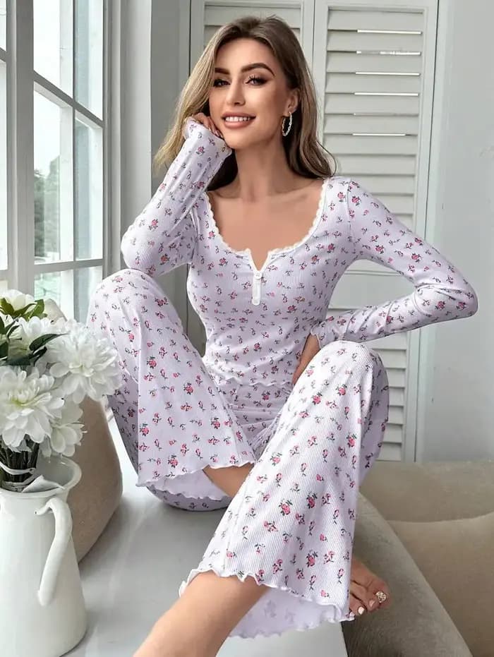 Ensemble de pyjamas pour femmes, vêtements de détente automne et hiver, haut à manches longues et pa