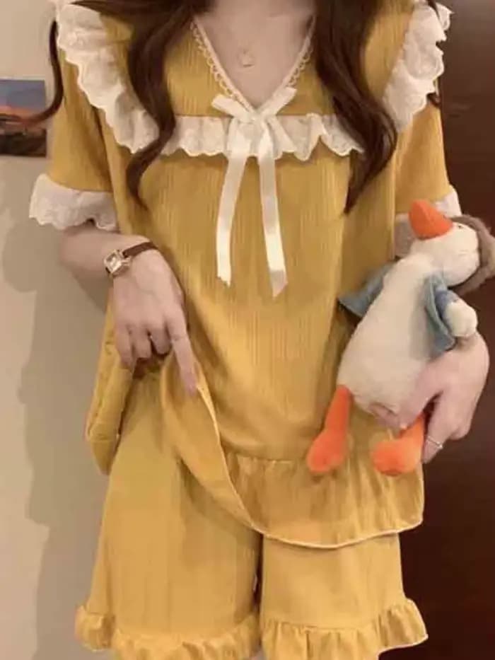 Pyjama ensembles femmes dentelle doux nœud princesse ample maison 5 couleurs mode tendre décontracté été Style japonais Vintage vêtements de nuit Chic