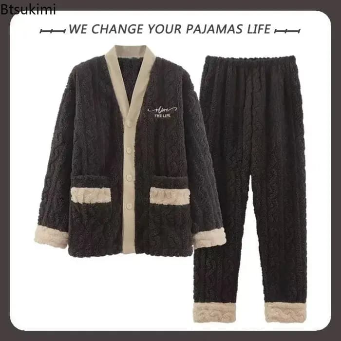 Nouveau automne hiver épais pyjamas ensemble pour hommes coréen Teddy Jacquard col en v bouton vêtements de nuit pour homme Kimono velours pyjama ensembles mâle