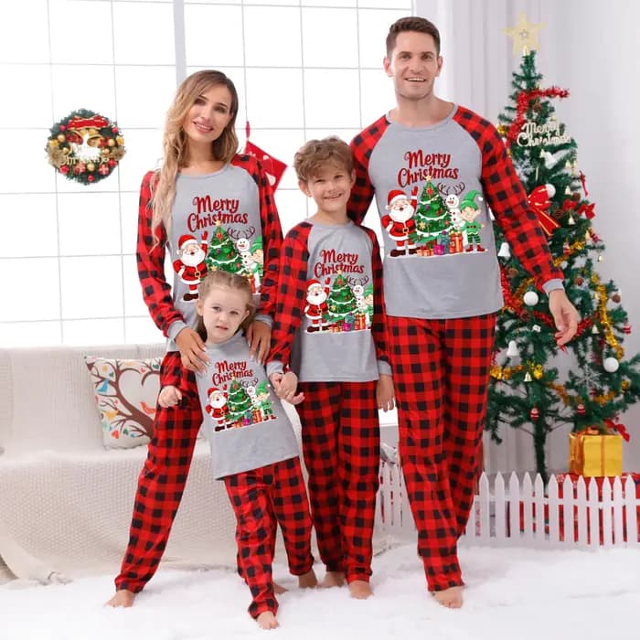 Ensemble pyjama assorti pour famille, imprimé joyeux noël, manches longues, col rond, costume 2 pièces, vêtements de nuit, cadeau de noël, Look de vacances