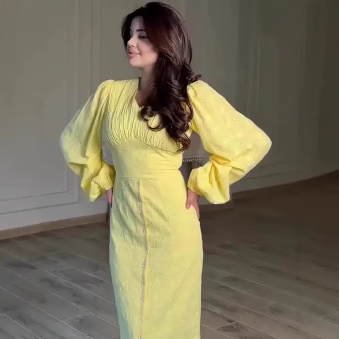 Robe longue pour femme, col en V, coupe trapèze, manches lanternes, taille ajustée, à lacets, élégante, style Y2K, streetwear, pour le travail, boutonnée, pour les vacances