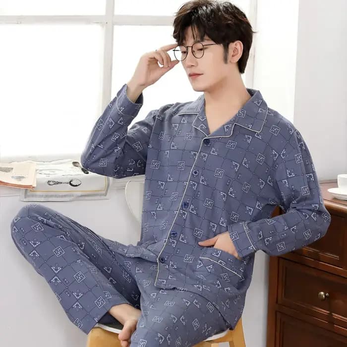 Hiver 100% coton Pyjamas hommes bleu vêtements de nuit chaud Pyjama Homme