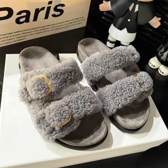 Sandales en fourrure de laine pour femmes, pantoufles en fourrure véritable moelleuse de luxe pour f