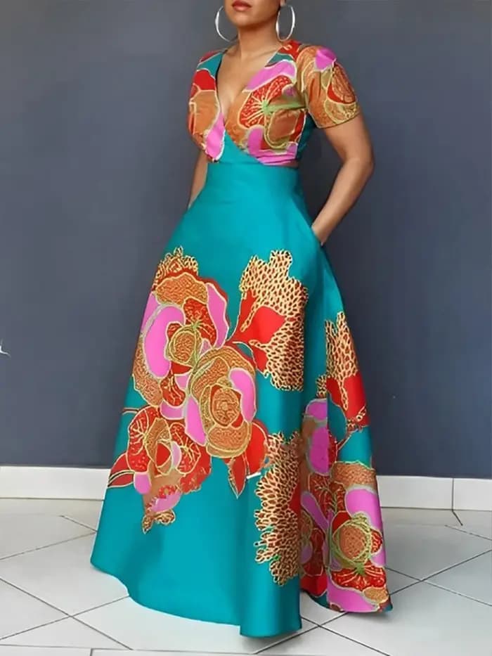 Robe florale à manches courtes et col en V, conçue spécifiquement pour les femmes, parfaite pour les vêtements de printemps et d'été