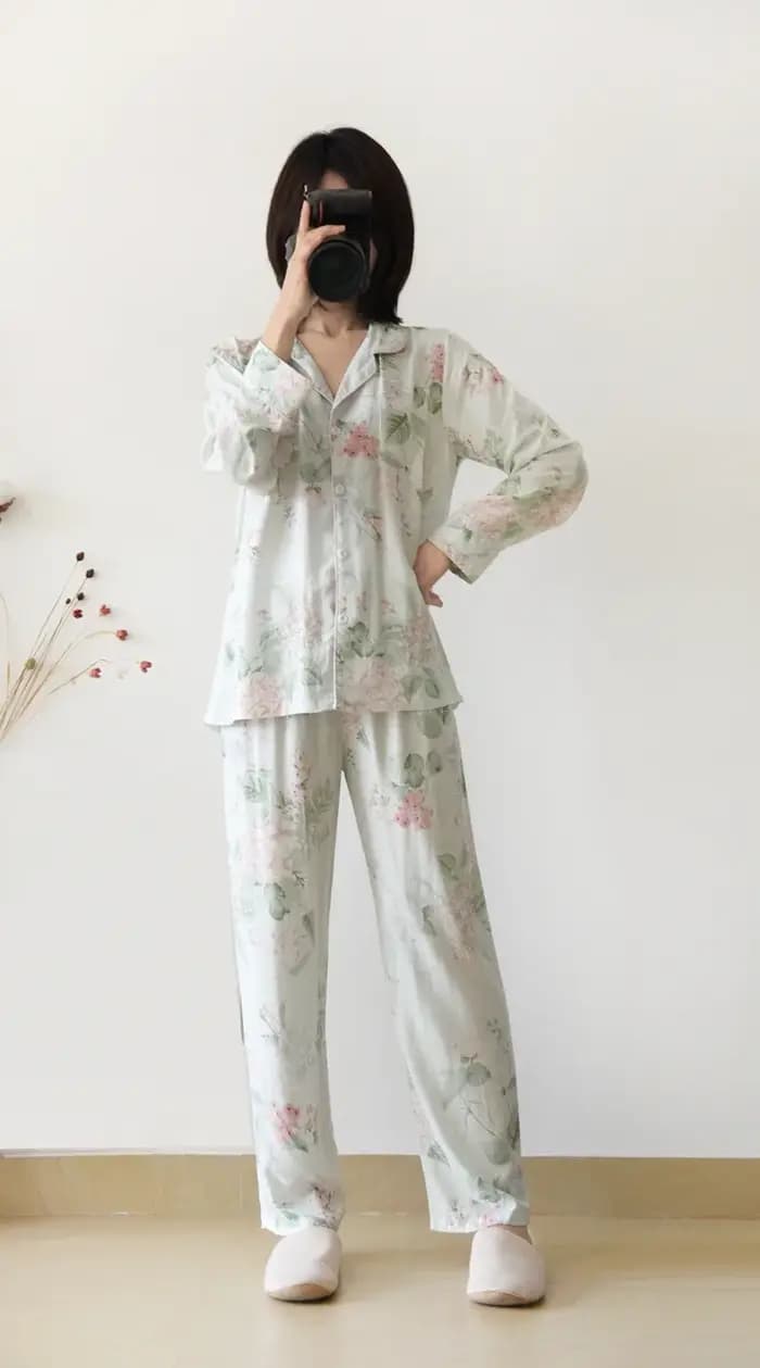 Pyjama à manches longues en fibre de viscose pour femme, costume pantalon en soie, impression de fleurs, service à domicile, style japonais, printemps et été, nouveau
