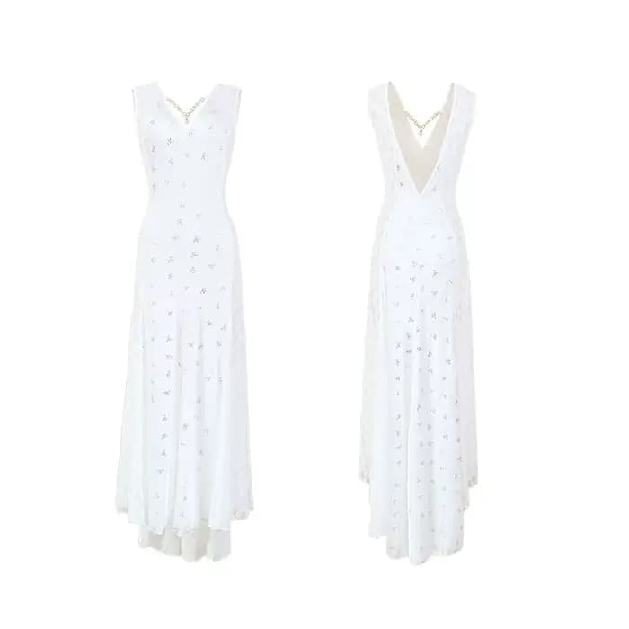 Robe de nuit de luxe pour femme blanche longue style princesse en polyester et élasthanne col en V ajustée pour nuit d'été