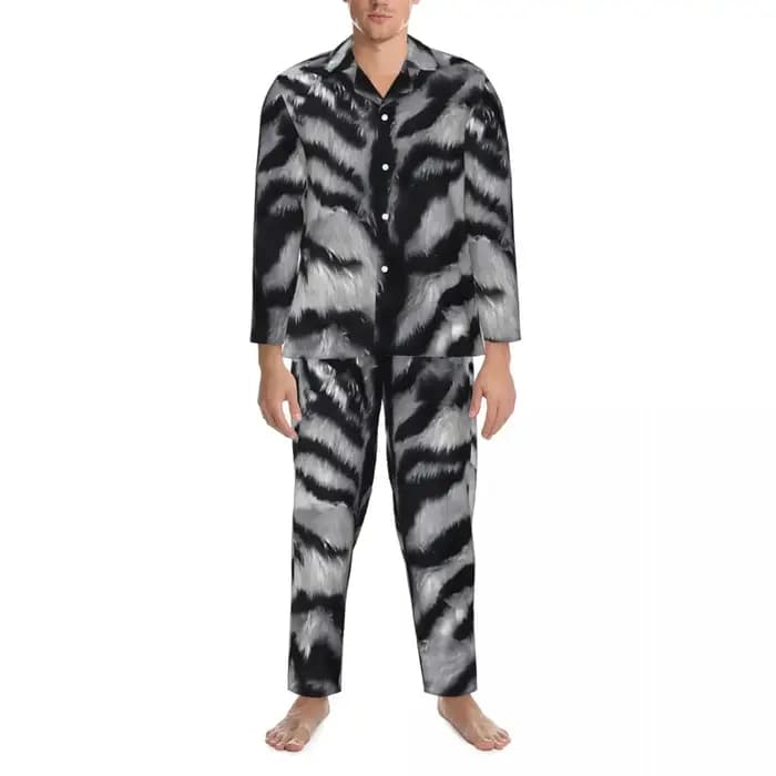 Pyjama 2 pièces imprimé tigre blanc pour homme, vêtements de nuit, peau d'animal, vintage, ensemble