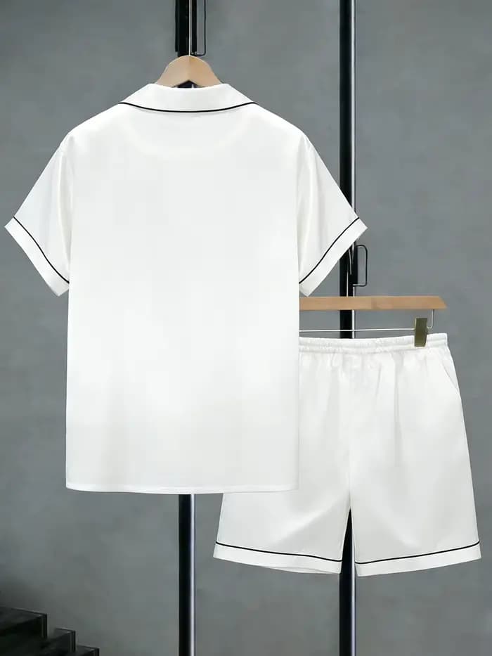 Ensemble pyjama d'été en satin pour homme – Haut boutonné à manches courtes et short – Vêtements de nuit et de détente soyeux pour un confort estival