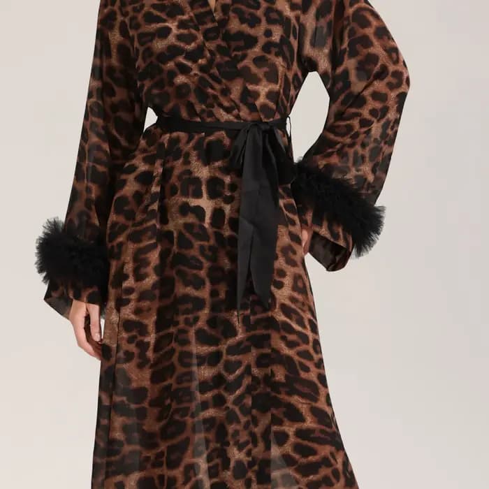 Robe de chambre à manches longues imprimé léopard en fil perlé