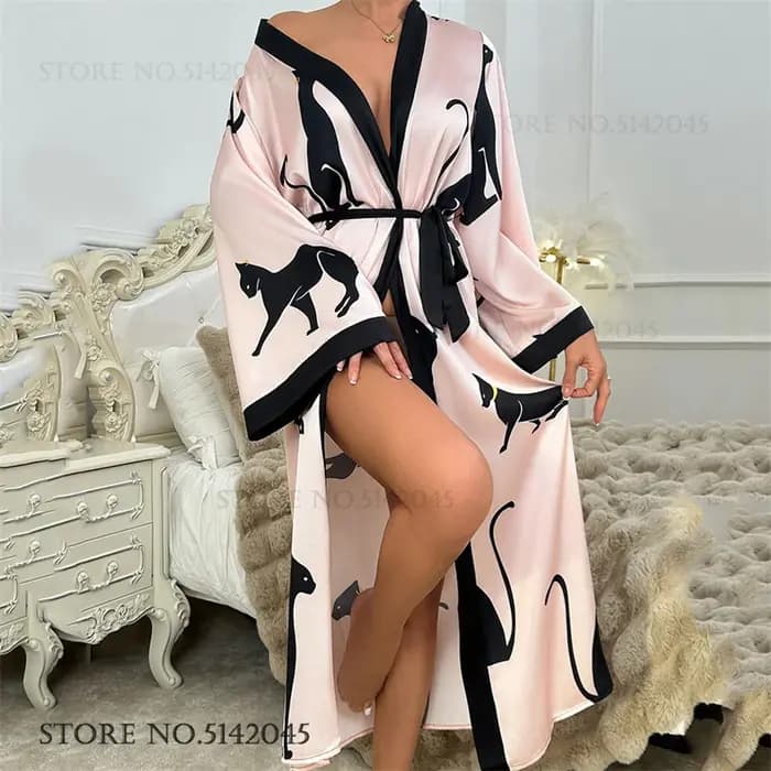 Femmes soie Satin longue Robe vêtements de détente imprimé dessin animé léopard chat Kimono peignoir