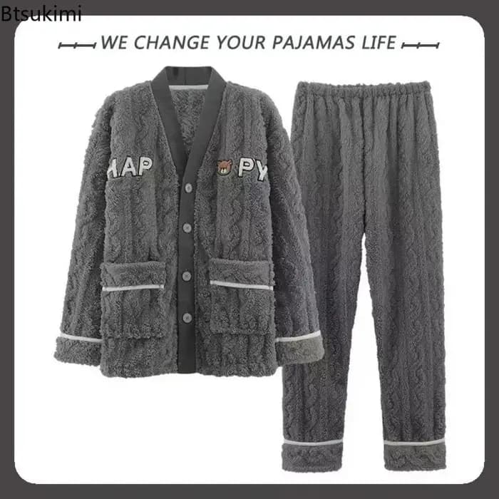 Nouveau automne hiver épais pyjamas ensemble pour hommes coréen Teddy Jacquard col en v bouton vêtements de nuit pour homme Kimono velours pyjama ensembles mâle